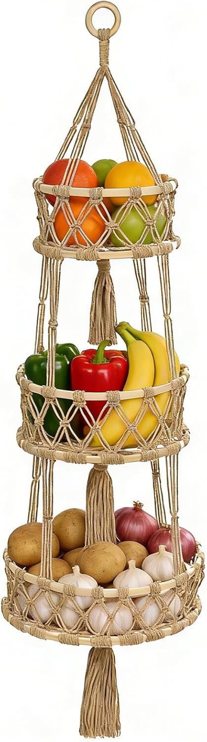 Handwoven Rope Three-Tier Produce Hammock