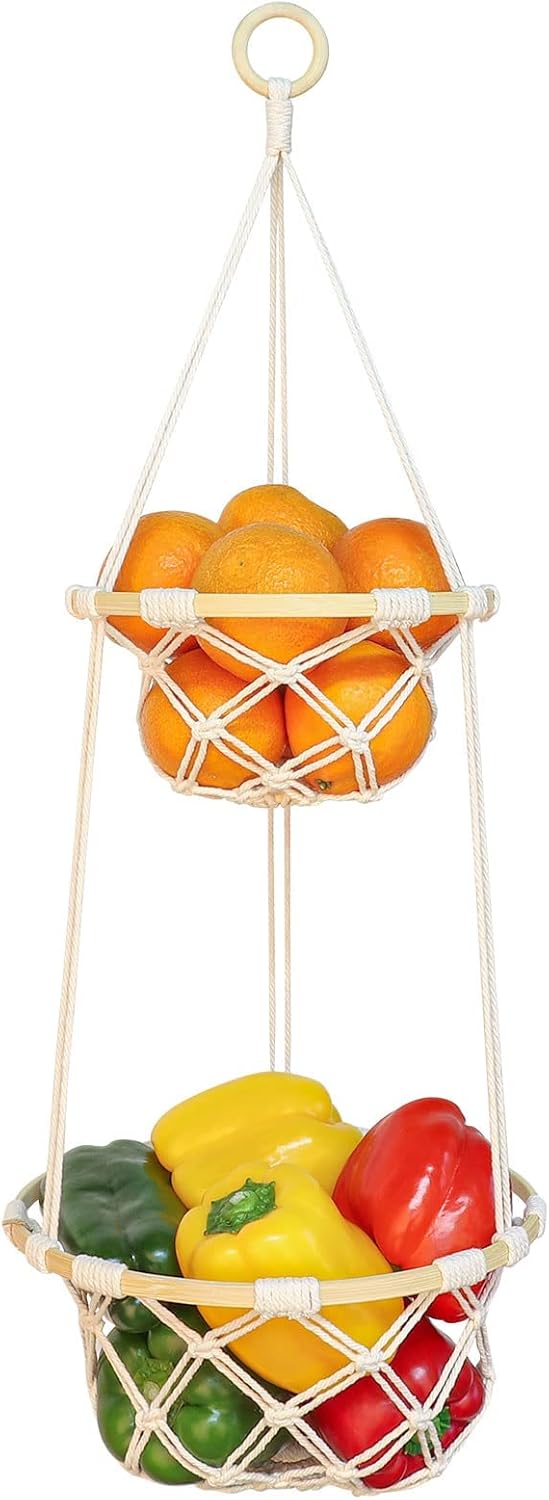 Knotted Cotton Hanging Produce Basket Tower