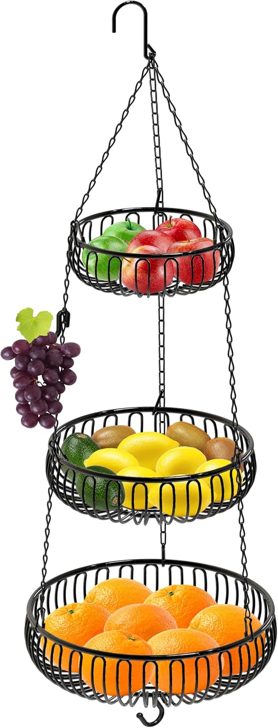 Decorative Ceiling-Hung Three-Bowl Produce Organizer