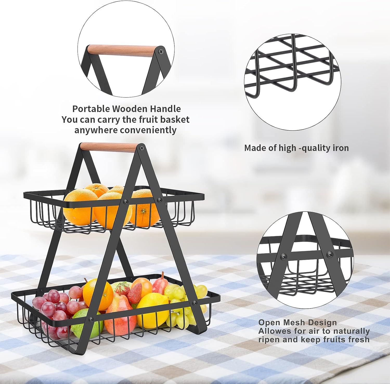Open-Frame Fruit Basket with Wood Carry Bar - Image 5