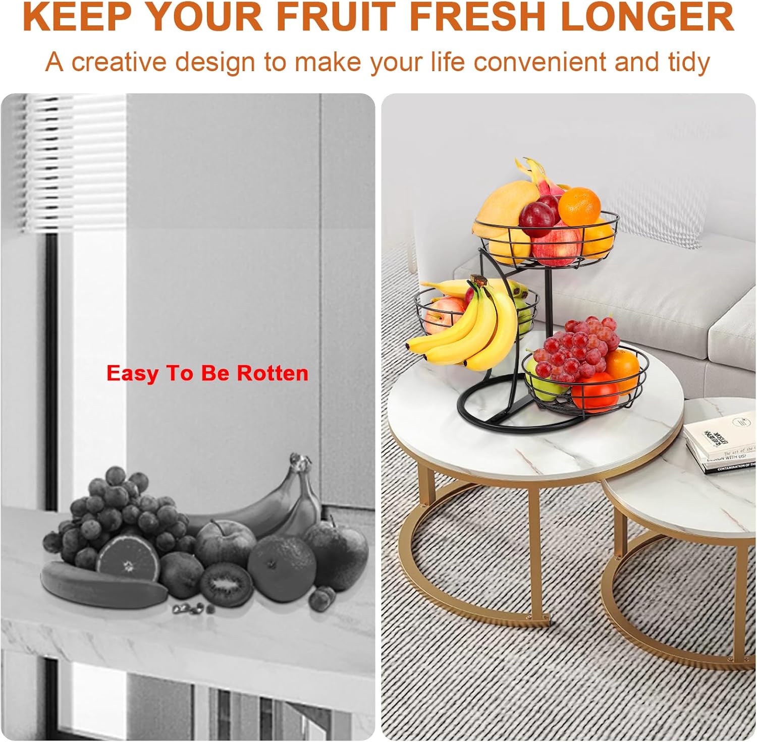 Elevated Marble-Foot Fruit Basket and Banana Suspension Stand - Image 5