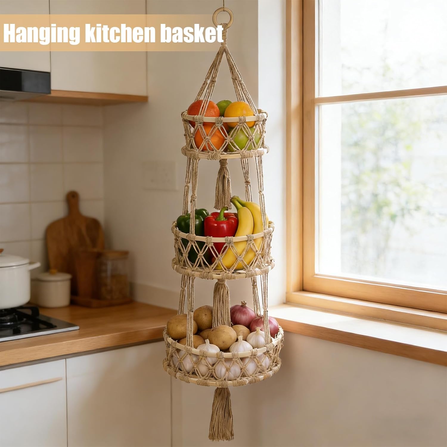 Handwoven Rope Three-Tier Produce Hammock - Image 4