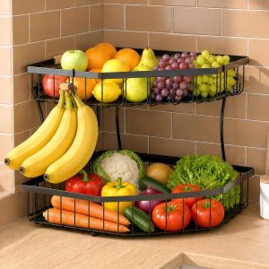 Compact Tiered Fruit Basket with Wood Accent Handle