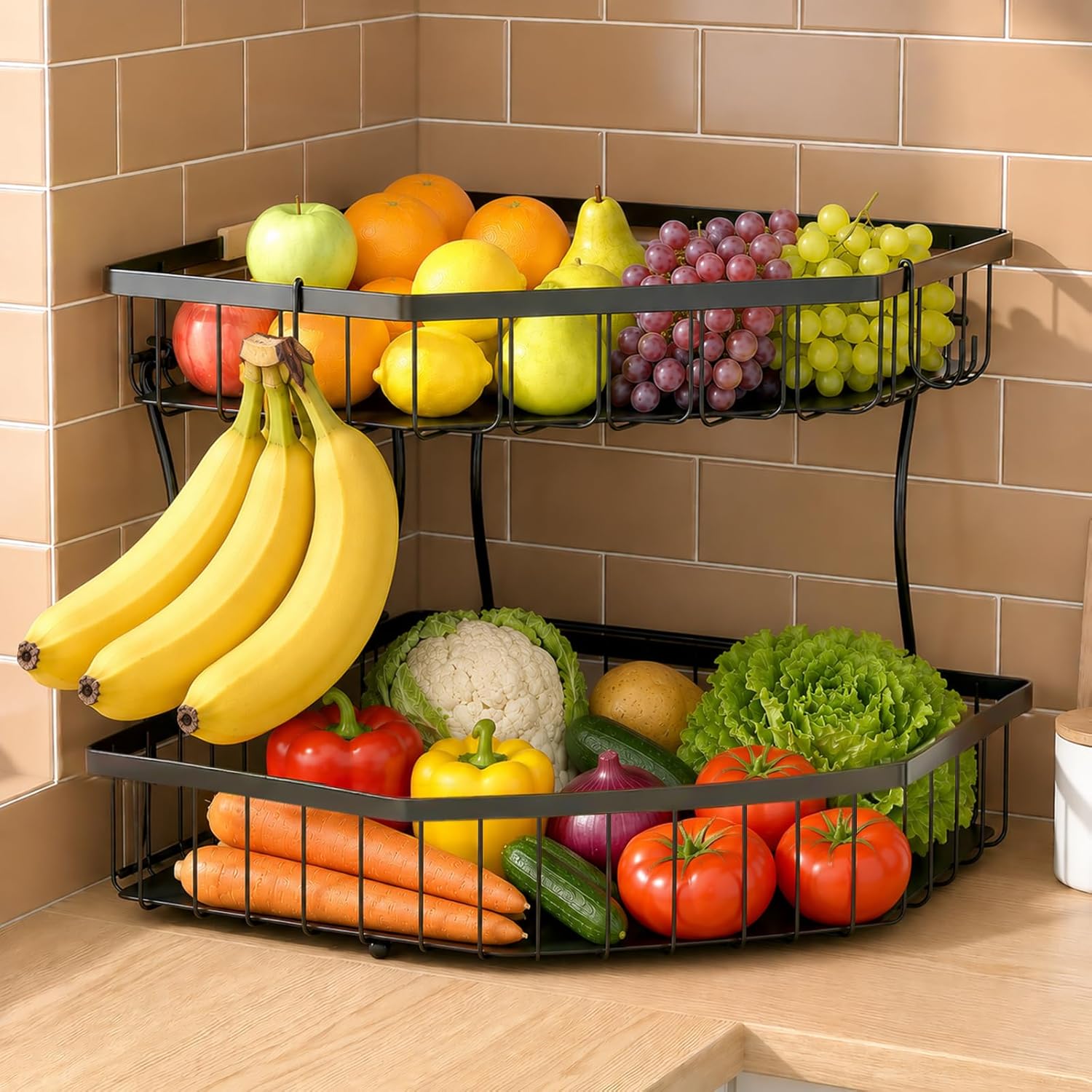 Compact Tiered Fruit Basket with Wood Accent Handle