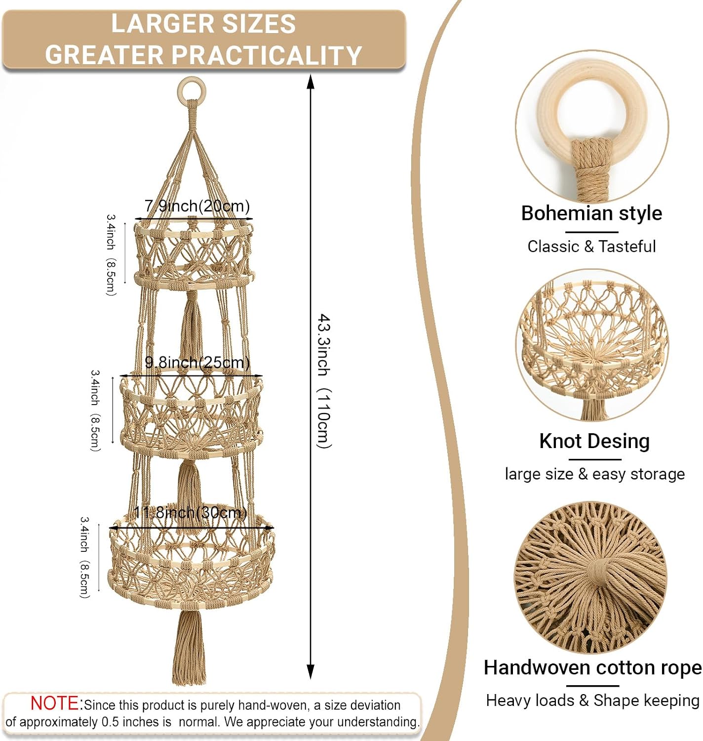 Handwoven Rope Three-Tier Produce Hammock - Image 2