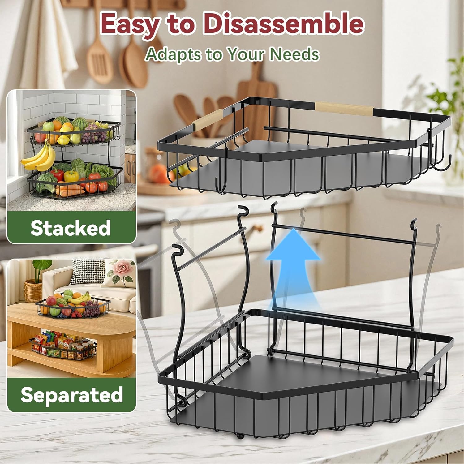 Compact Tiered Fruit Basket with Wood Accent Handle - Image 5