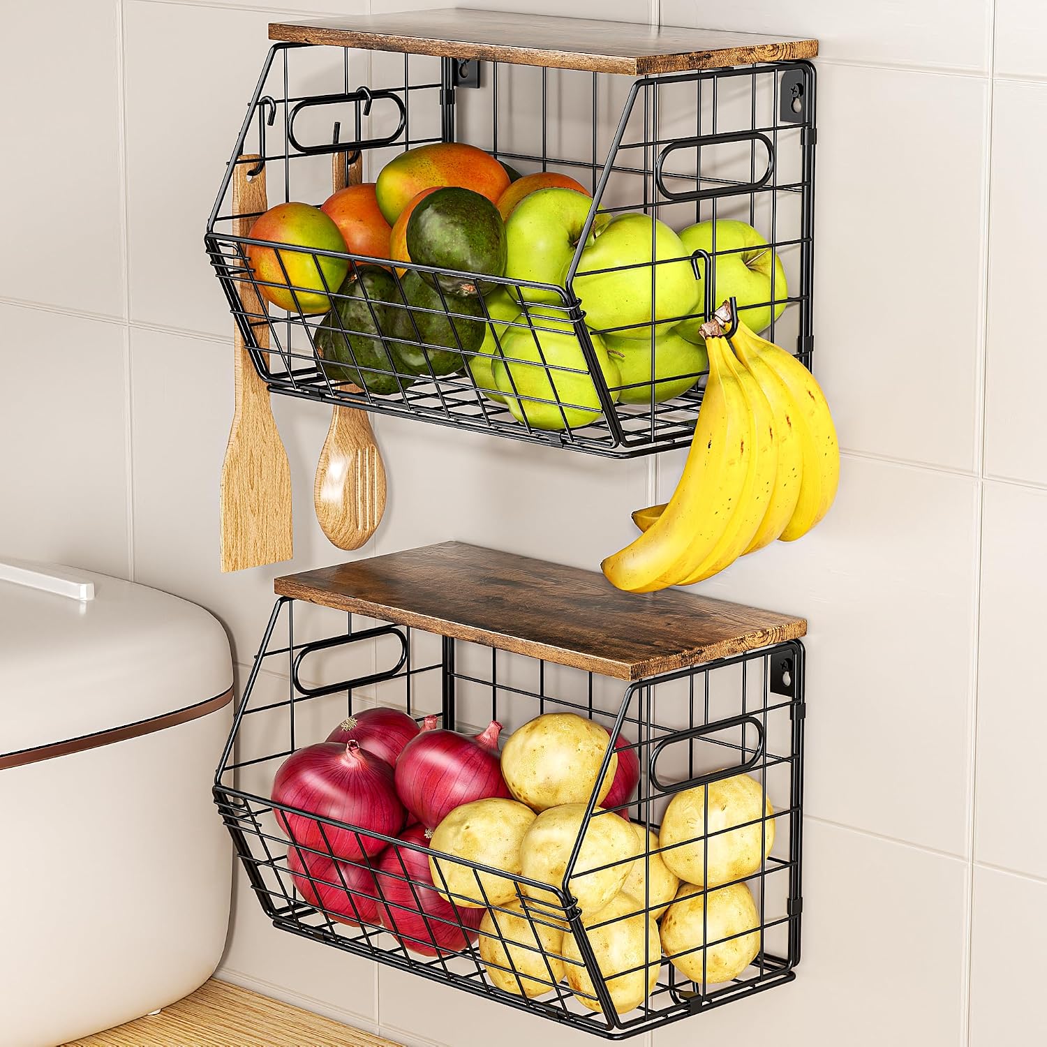 Wall-Mount Produce Bin Set with Flat Wood Top