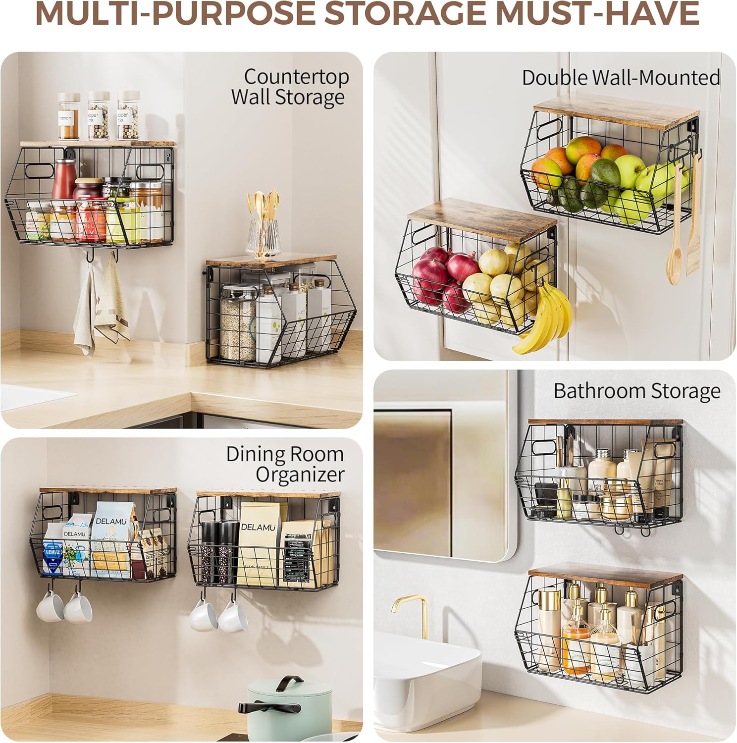 Wall-Mount Produce Bin Set with Flat Wood Top - Image 4
