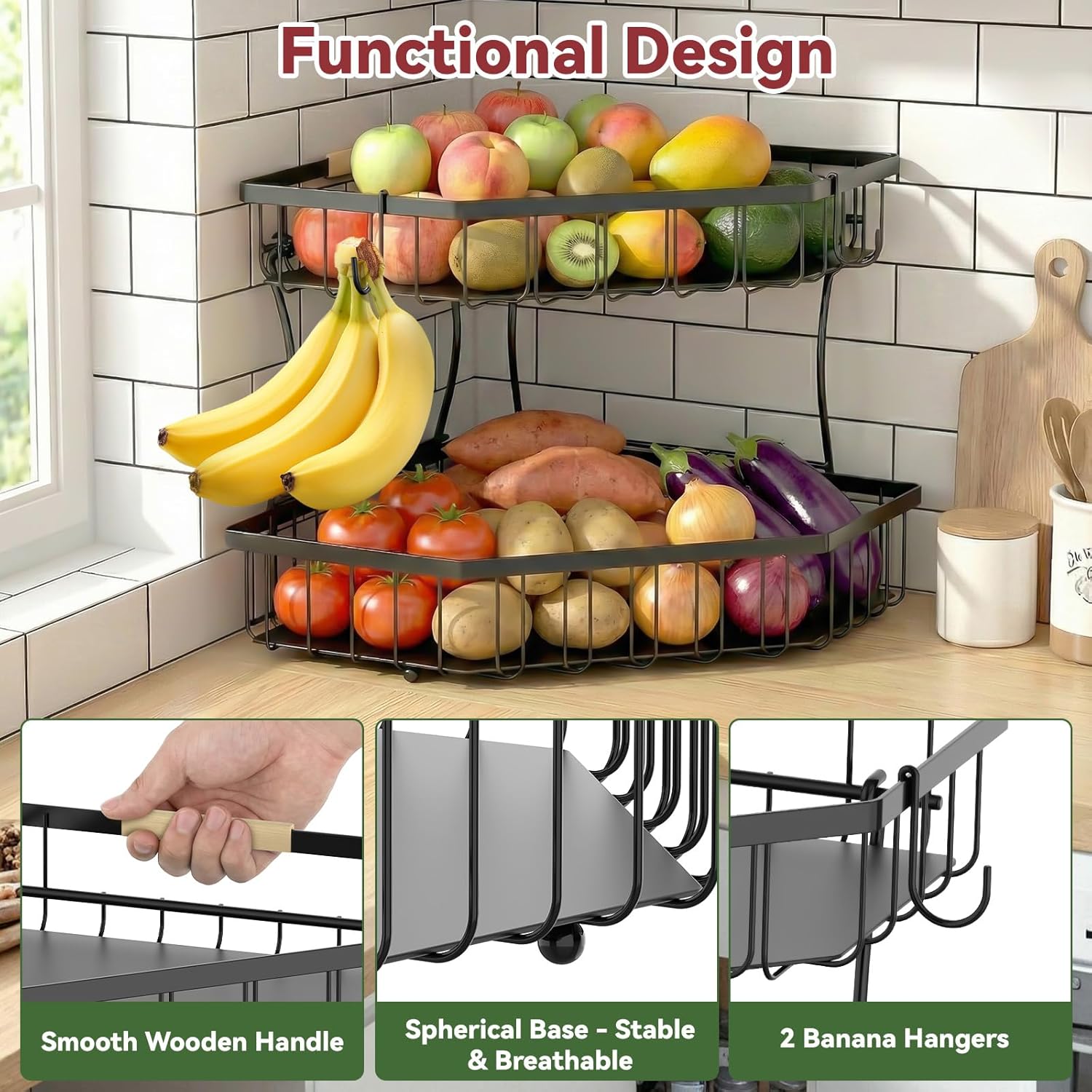 Compact Tiered Fruit Basket with Wood Accent Handle - Image 4