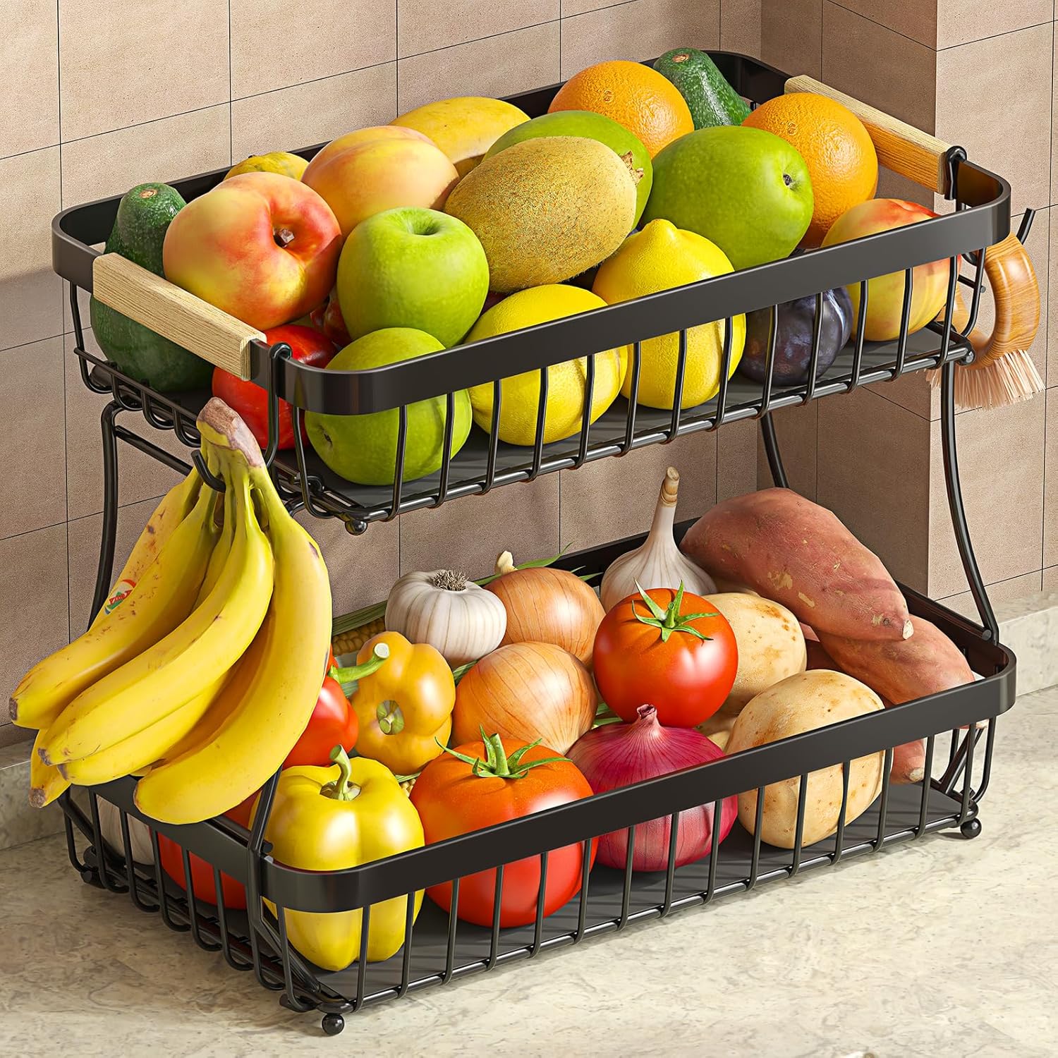 Carry-Handle Tiered Fruit Basket Stand