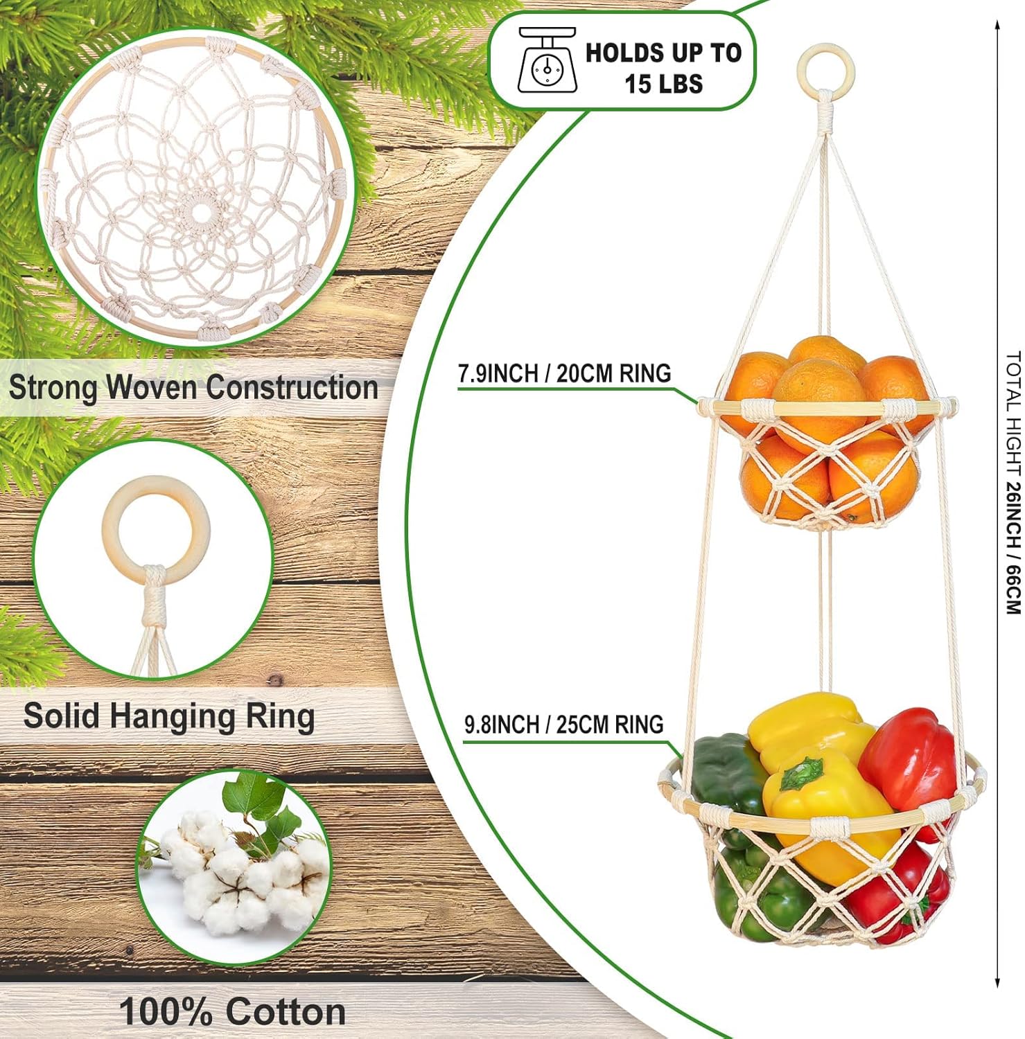 Knotted Cotton Hanging Produce Basket Tower - Image 2