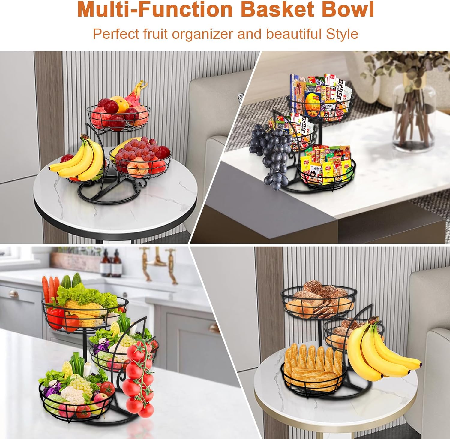 Elevated Marble-Foot Fruit Basket and Banana Suspension Stand - Image 3