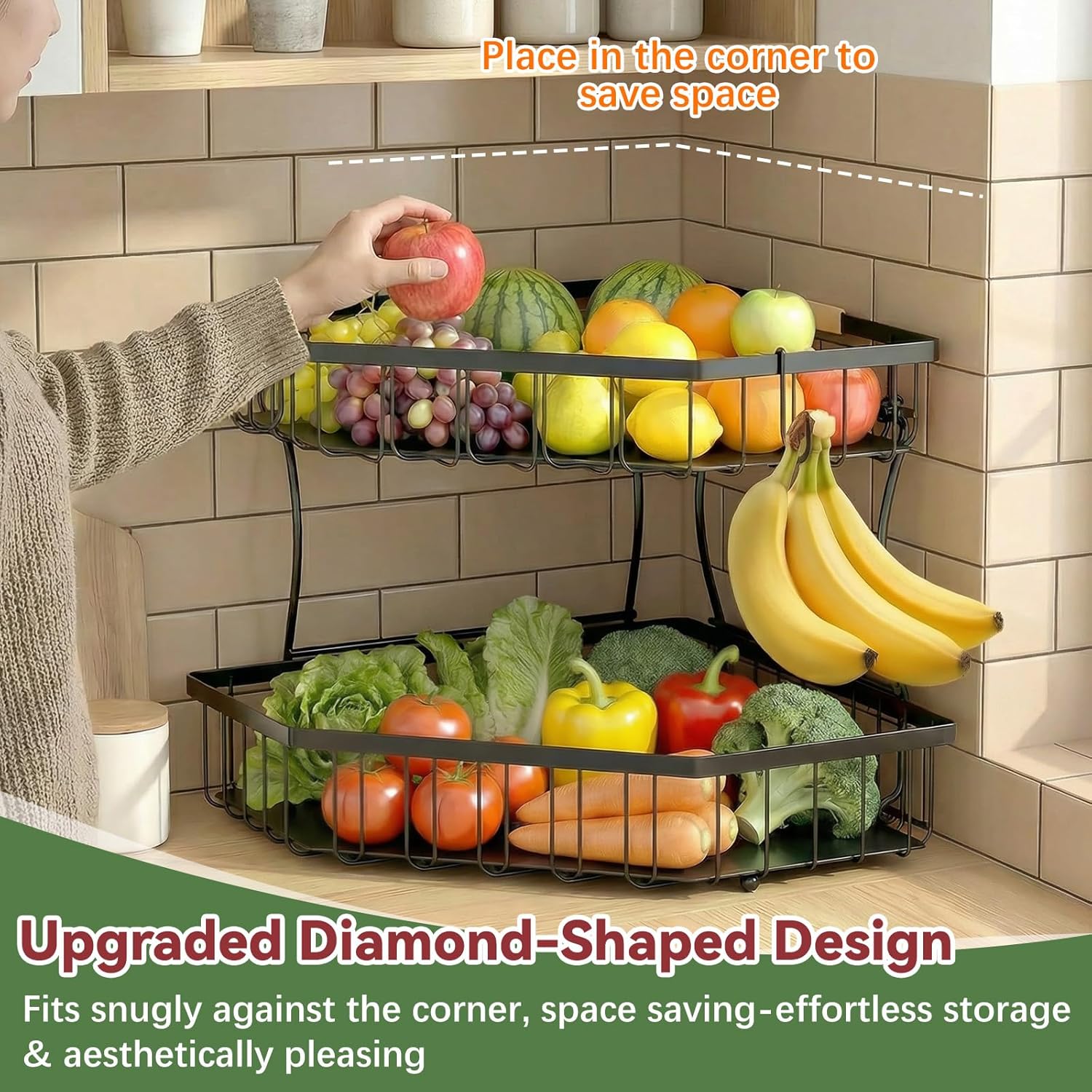 Compact Tiered Fruit Basket with Wood Accent Handle - Image 2