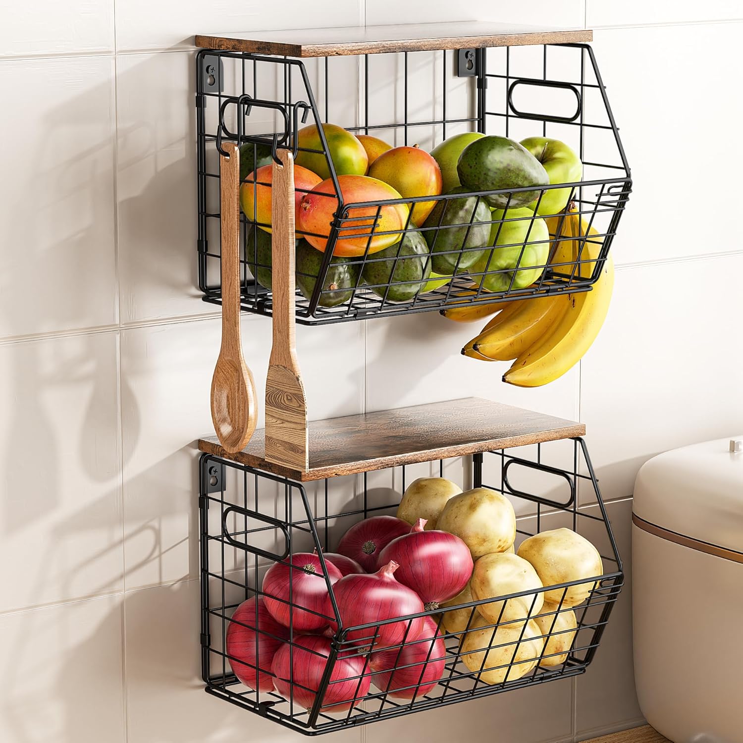 Wall-Mount Produce Bin Set with Flat Wood Top - Image 2