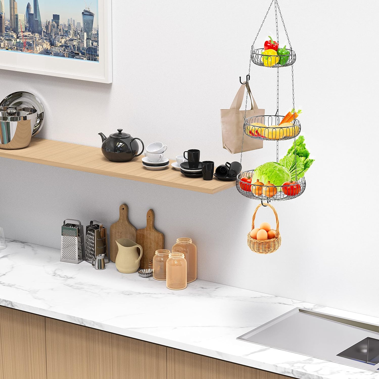 Decorative Ceiling-Hung Three-Bowl Produce Organizer - Image 4
