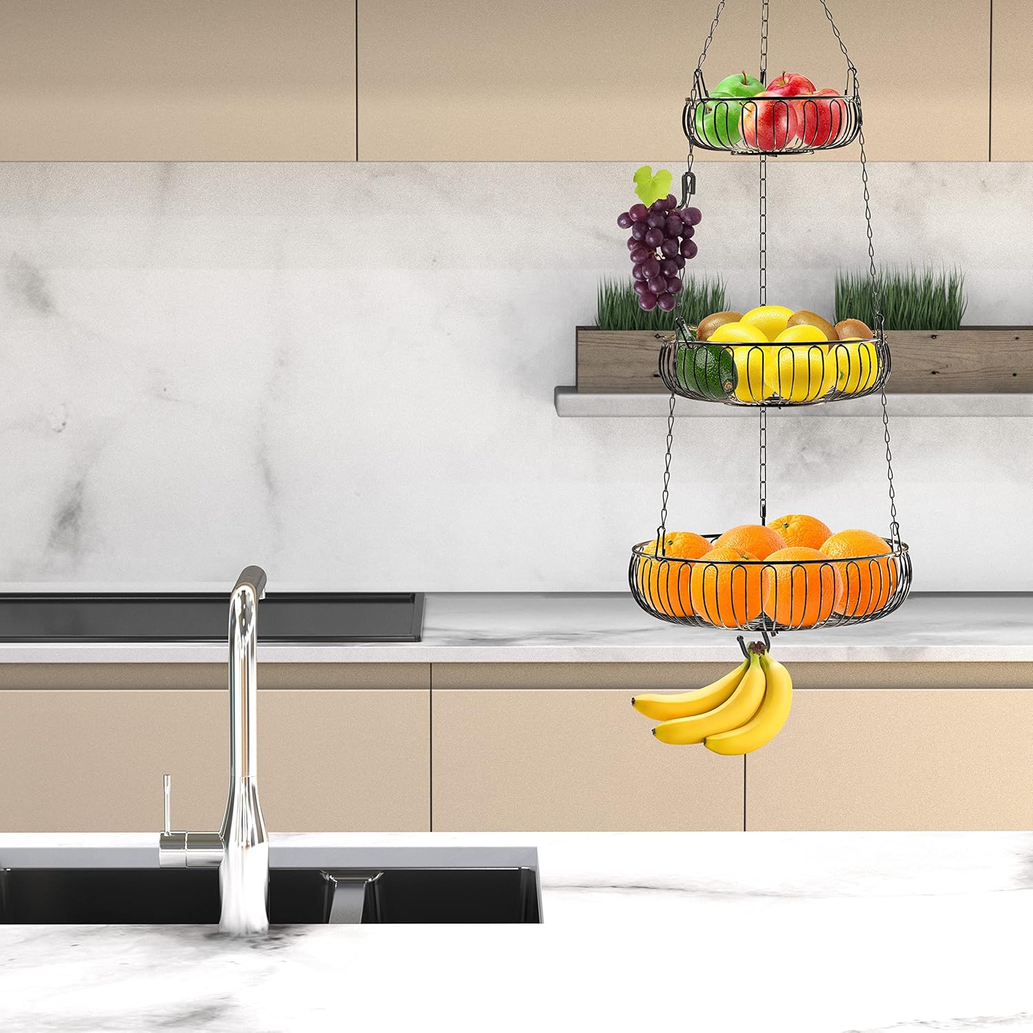 Decorative Ceiling-Hung Three-Bowl Produce Organizer - Image 3